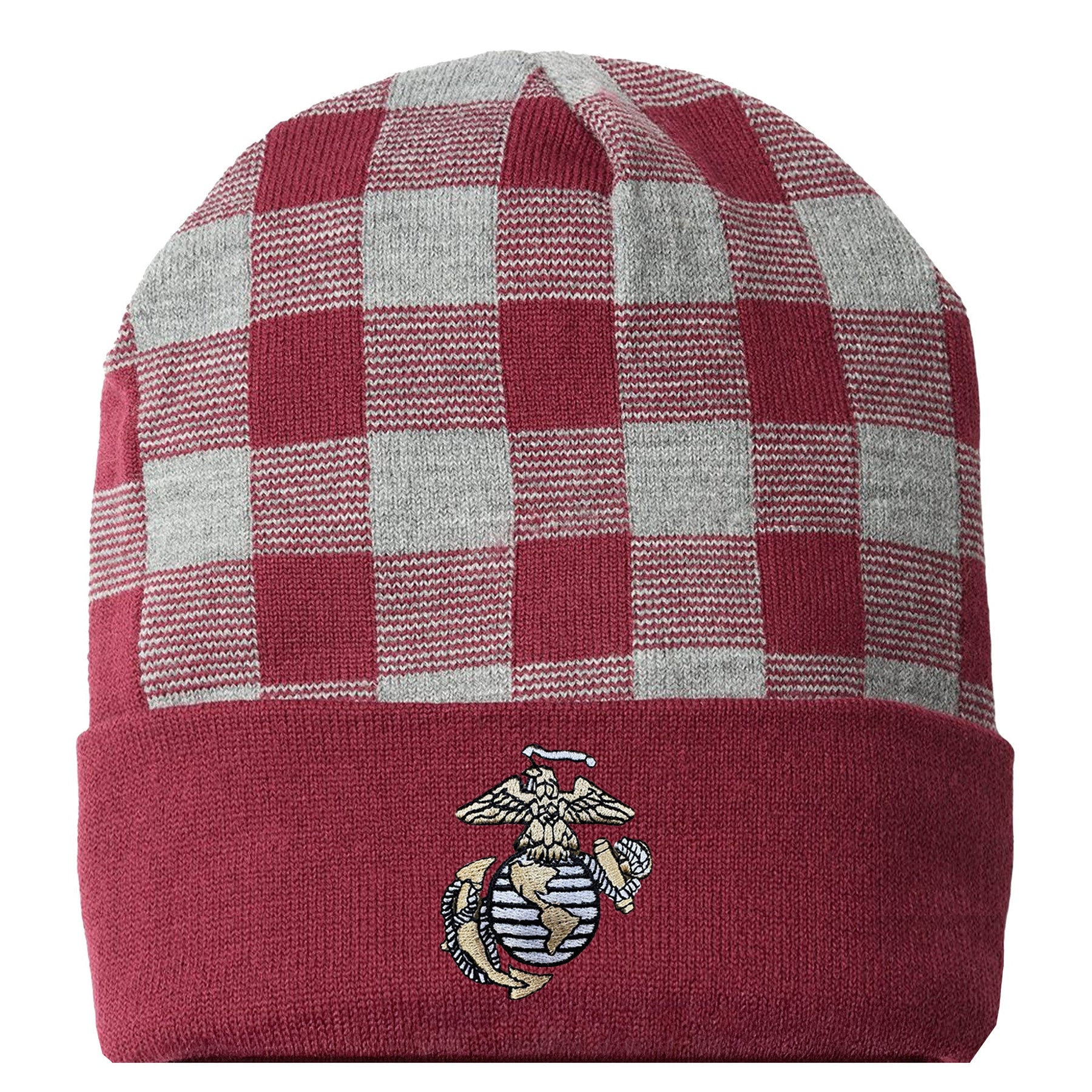 USA Embroidered Eagle , Globe and Anchor Plaid Beanie