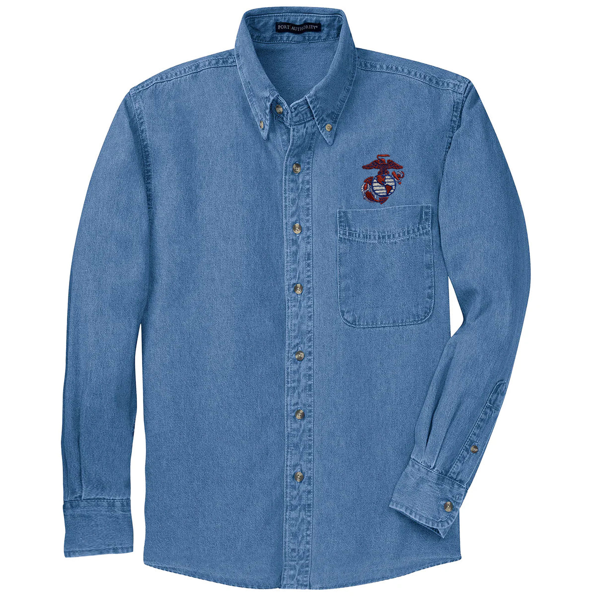 Marines USA Embroidered Faded Denim Button Up