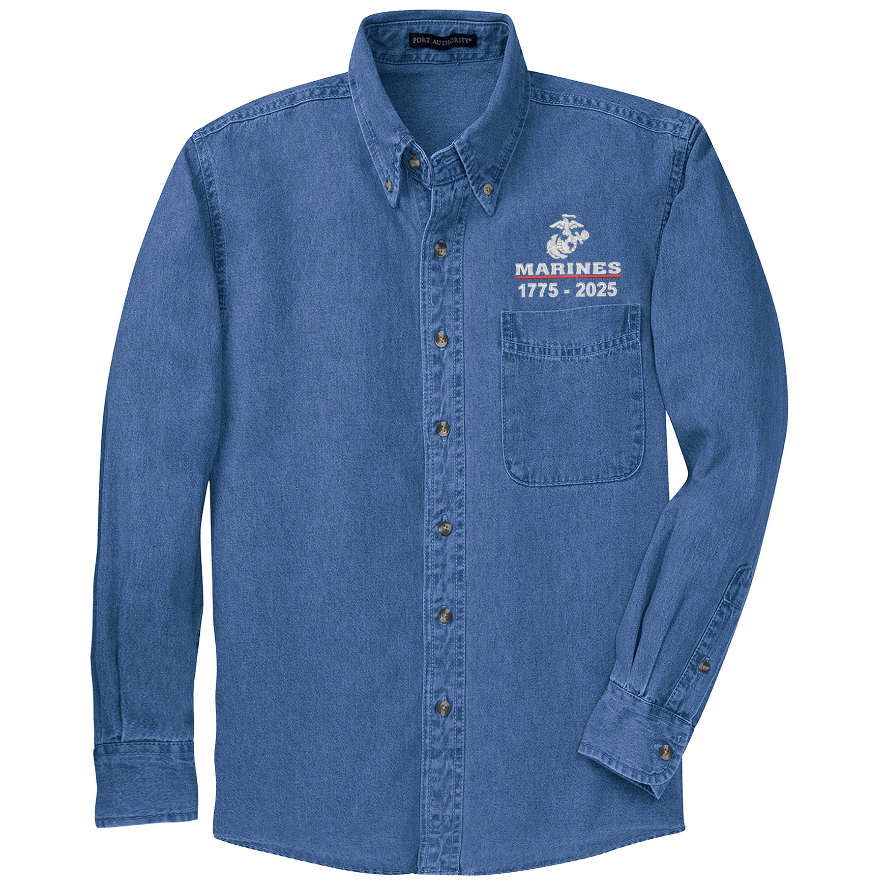 USMC 250 Year Defending Freedom Embroidered Dark Denim Button Up