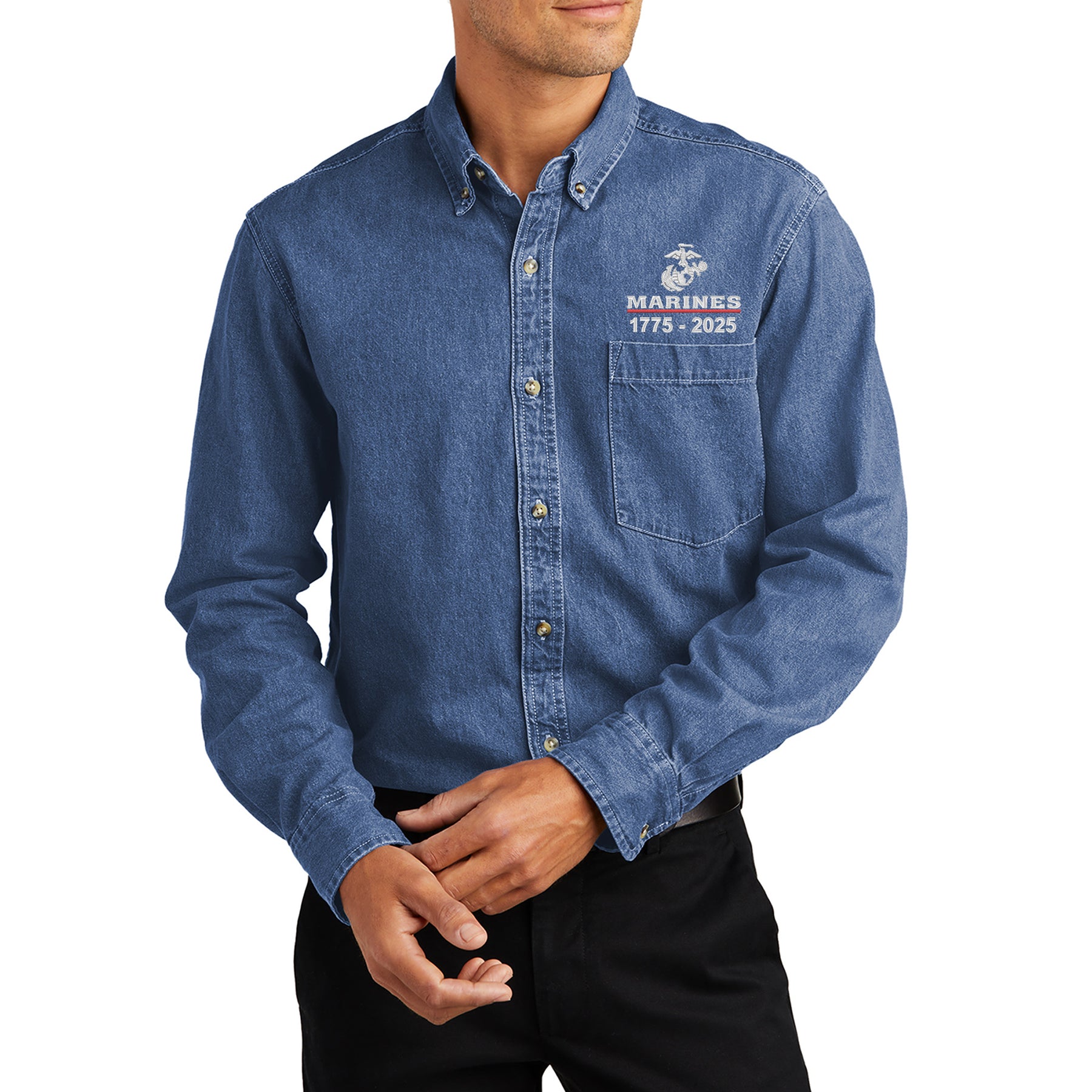 USMC 250 Year Defending Freedom Embroidered Dark Denim Button Up