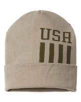 USA-Made Patriotic Cuffed Khaki/ Olive USA and Striped Beanie