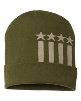 USA-Made Patriotic Cuffed Olive/Khaki Stars and Stripes Beanie