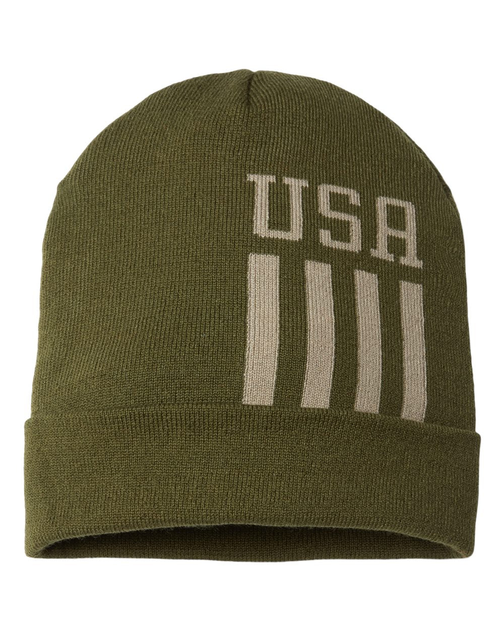 USA-Made Patriotic Cuffed Olive/Khaki USA and Stripes Beanie