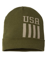 USA-Made Patriotic Cuffed Olive/Khaki USA and Stripes Beanie