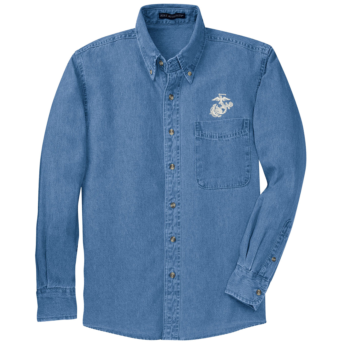 Marines Embroidered Faded Denim Button Up