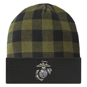 USA Embroidered Eagle , Globe and Anchor Plaid Beanie