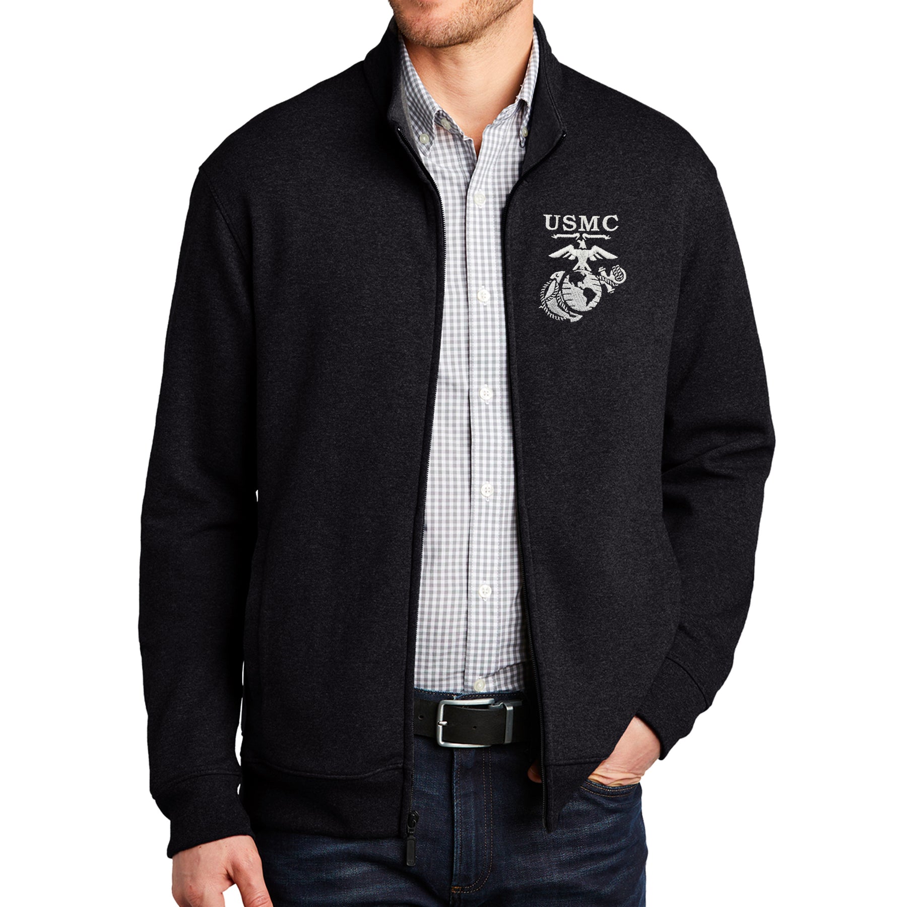 Marines Old School EGA Embroidered Black/Heather Full-Zip Jacket