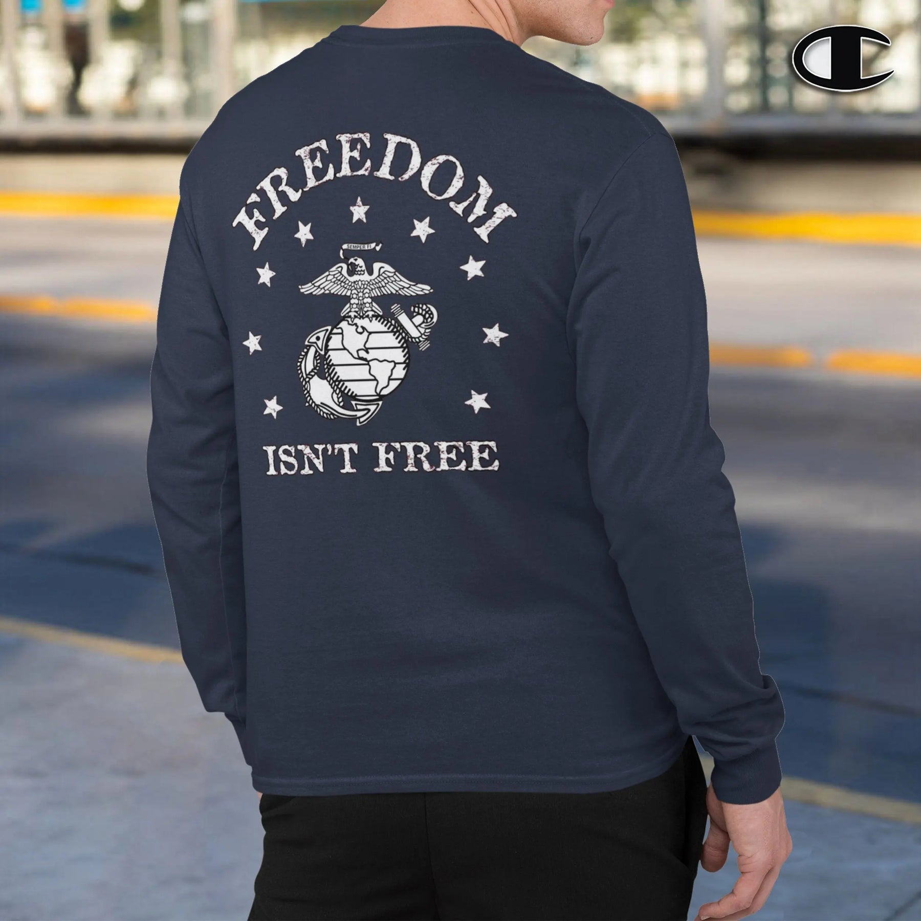 Closeout Champion Freedom Isn’t Free Navy 2-Sided Long Sleeve Tee