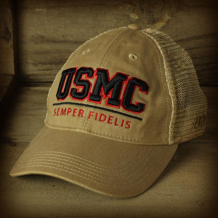 USMC Semper Fidelis Vintage Trucker Silver / Tan Hat - Marine Corps Direct