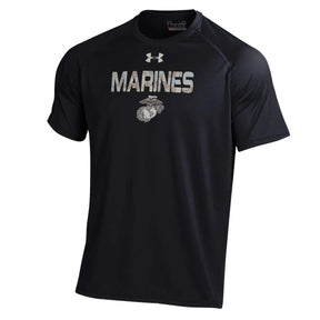 X-Discontinued Under Armour Performance) Desert Digi MARINES  Black Tee (Medium and Large Only - Marine Corps Direct